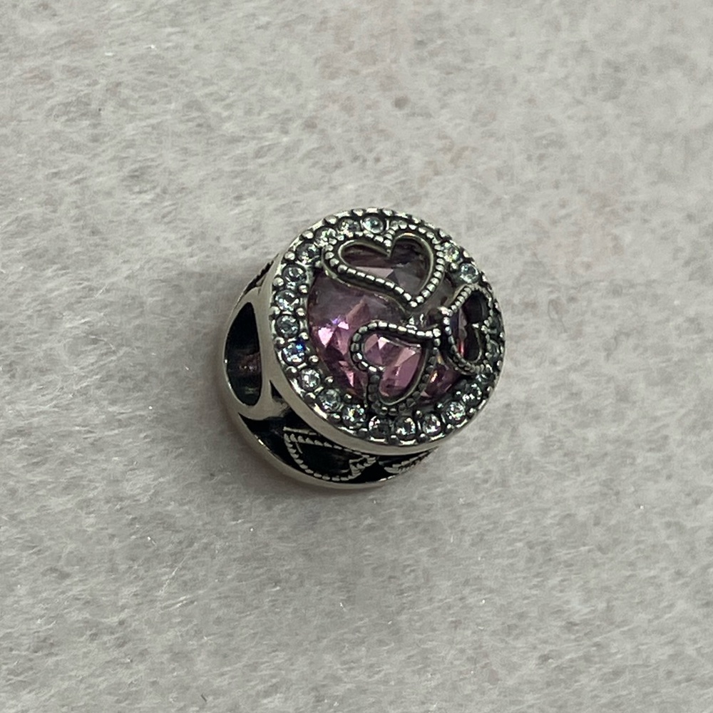 925 Sterling Silver & Pink Cz Centre Stone w Hearts & Clear Cz Accents Charm